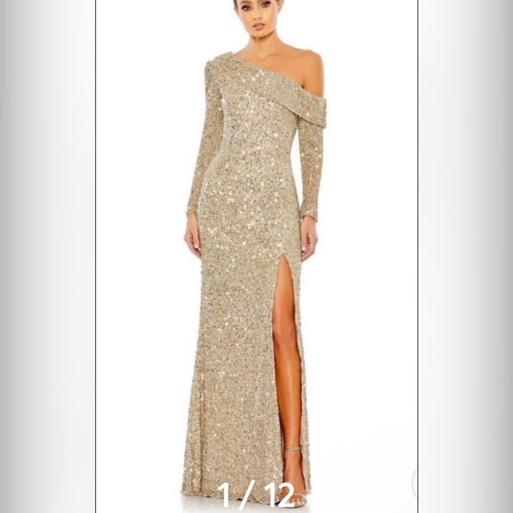 Mac Duggal 5449 Sequined One Shoulder Evening Shimmering Gold Gown Sz 4 Train
